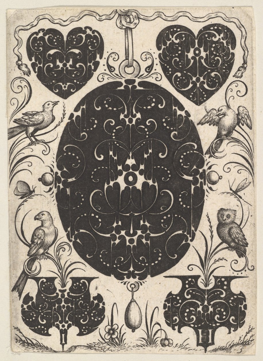 Oval Pendant Decorated with Schweifwerk, Surrounded by Smaller Motifs and Four Birds, ca. 1614-19 by Jacques Hurtu