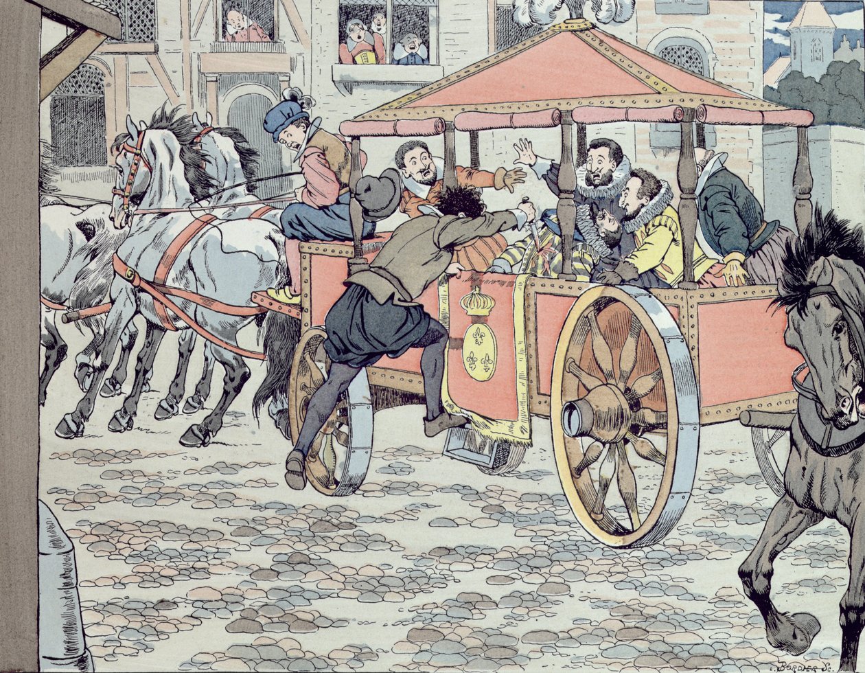 Assassination of Henri IV by Francois Ravaillac in the rue de la Ferronerie on 14th May 1610, c.1900 by Jacques Marie Gaston Onfray de Breville (Job)