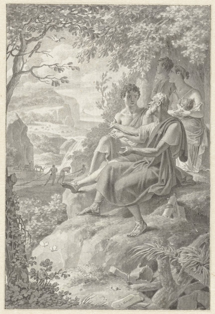 Design for a Book Illustration with an Old Storyteller, a Young Family, and Various Animals by Jacques Kuyper