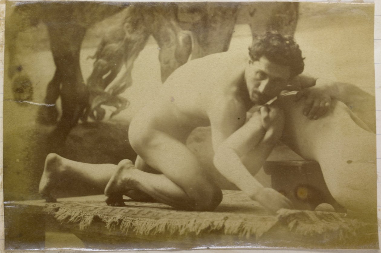 Study of a Male Nude Model, Lying on the Ground and Wrestling with Mannequin, in the Studio of Jacques de Lalaing, Possibly Preliminary Study for the Painting The Wrestlers by Jacques Lalaing (attributed to)