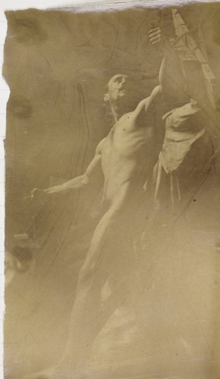 Study of a male nude model with hand in a structure, seen from below, in the studio of Jacques de Lalaing by Jacques Lalaing (attributed to)