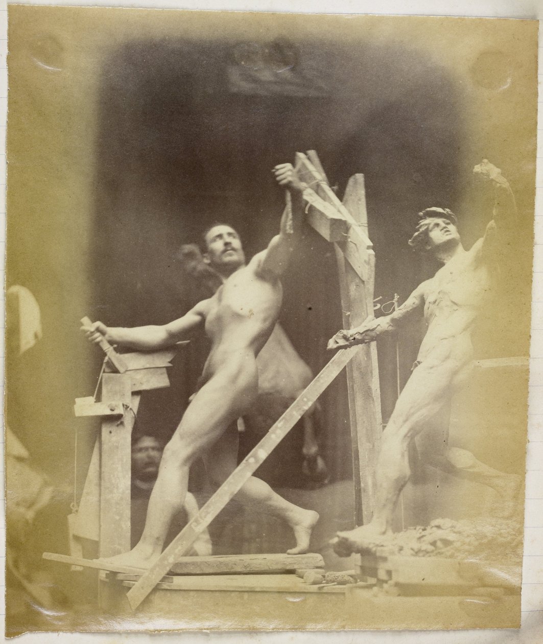 Study of a Male Nude Model with Hand on a Structure, Seen from the Side and Next to a Plaster Model in the Same Pose, in the Studio of Jacques de Lalaing by Jacques Lalaing (attributed to)