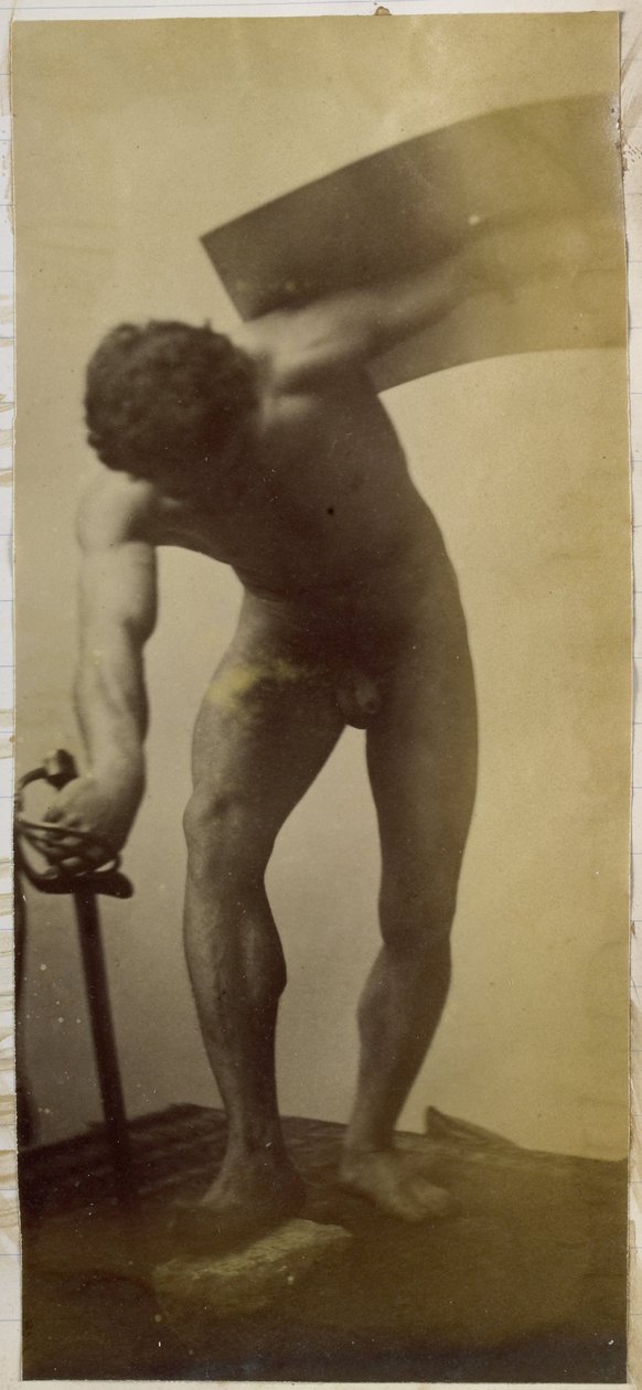 Study of a male nude model, standing bent with sword and shield in hands, in the studio of Jacques de Lalaing by Jacques Lalaing (attributed to)