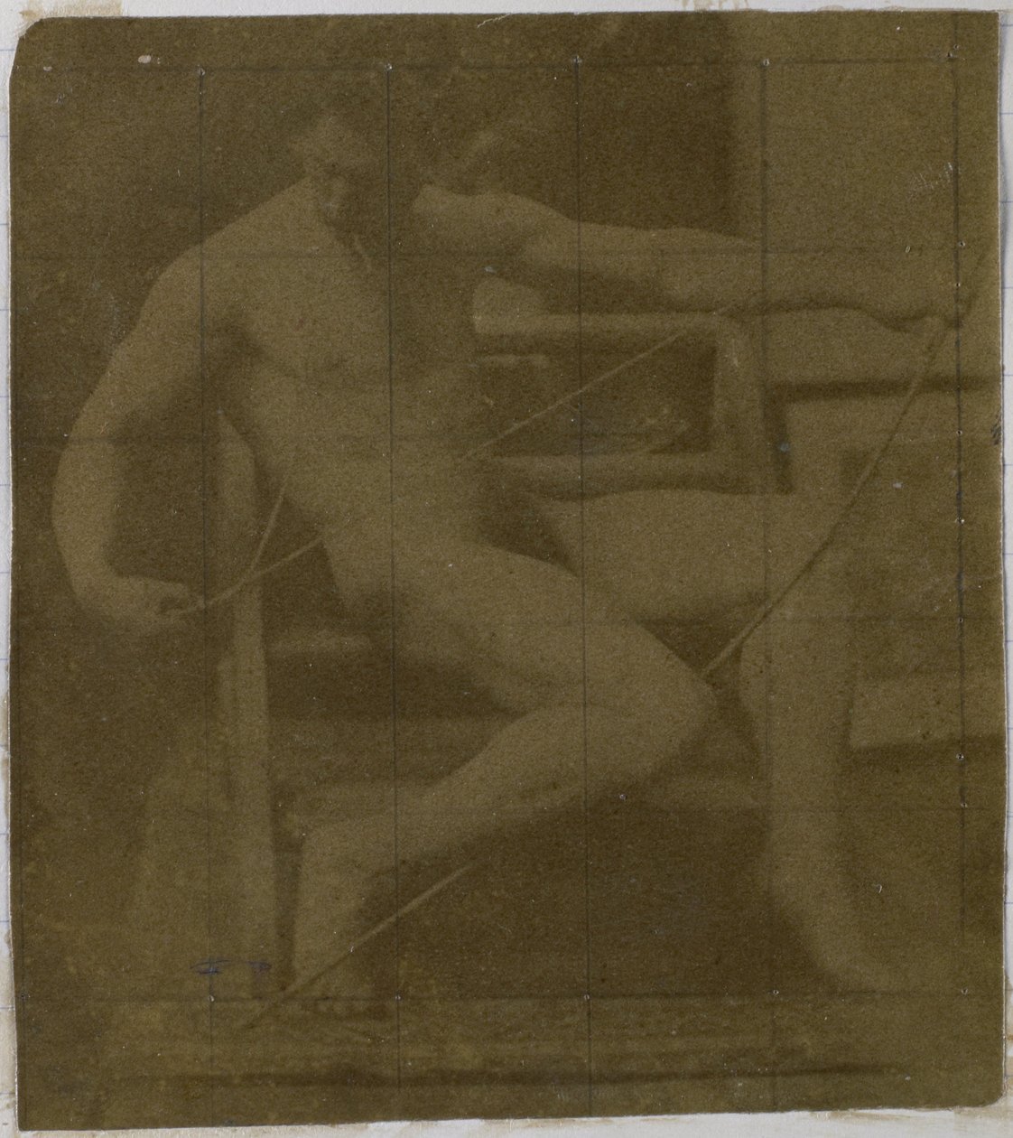 Study of a Male Nude Model, Sitting on a Step, Seen from the Front with Rope and Bow on Lap, in the Studio of Jacques de Lalaing by Jacques Lalaing (attributed to)