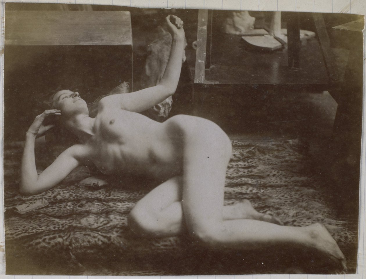 Study of a Female Nude Model, Lying on a Tiger Skin, in the Studio of Jacques de Lalaing by Jacques Lalaing (attributed to)