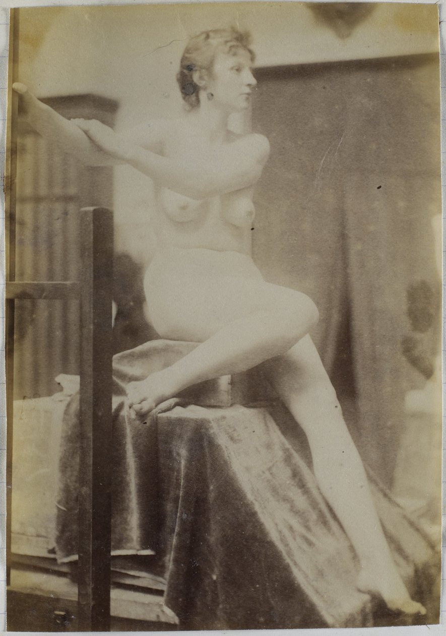 Study of a Female Nude Model, Sitting on a Podium Next to an Easel and Seen from the Front, in the Studio of Jacques de Lalaing, Preliminary Study for the Fernand Scribe Tomb Monument in the Cemetery of Ghent by Jacques Lalaing (attributed to)