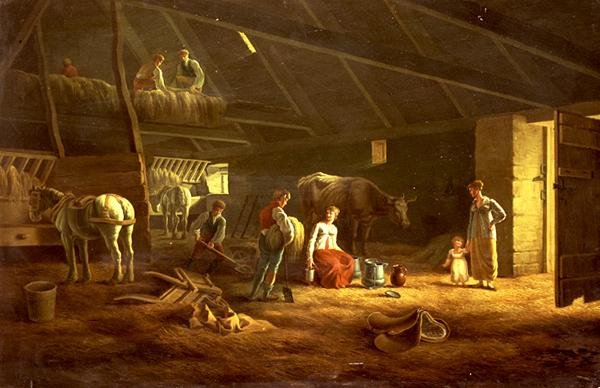 A Milkmaid, Farmhands and Plough Horses in a Barn by Jacques Laurent (circle of) Agasse