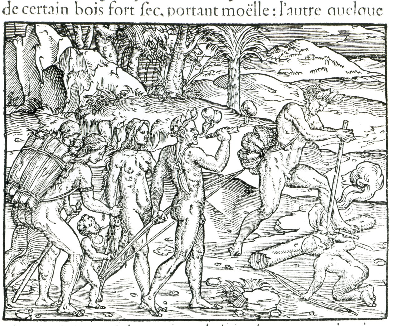 Native American Making Fire After Hunting (engraved by Theodor de Bry) by Jacques Le Moyne