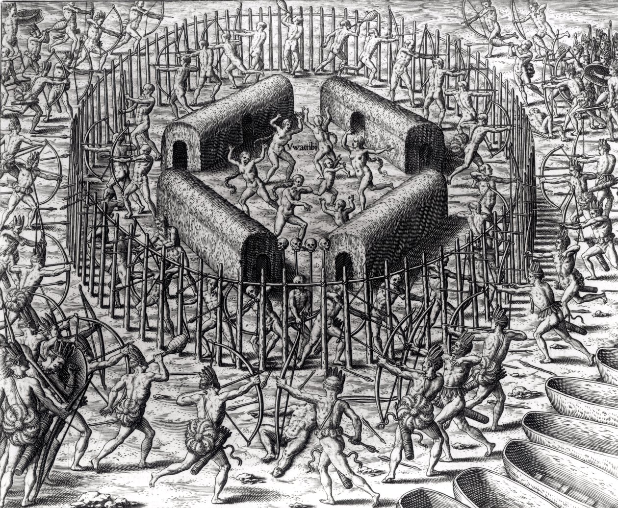 Johannes Staden Helps to Defend the Indians Who Captured Him Against the Tuppin Tkins, engraved by Theodore de Bry (1528-98), from 