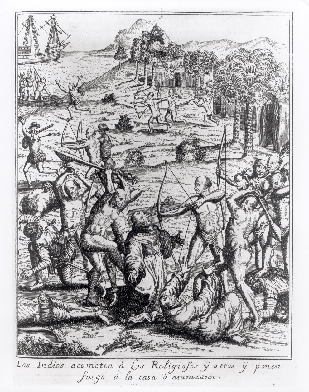 The Indians Attacking the Priests and Others and Setting Fire to Their Houses, engraving from 