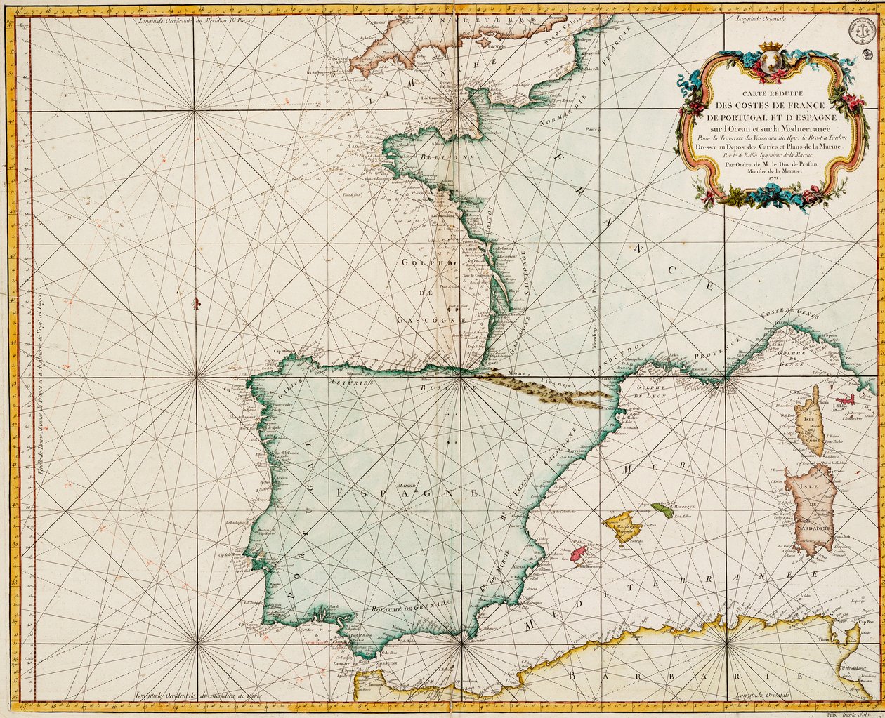 Chart of western Europe showing Paris meridian as the Prime by Jacques Nicolas Bellin