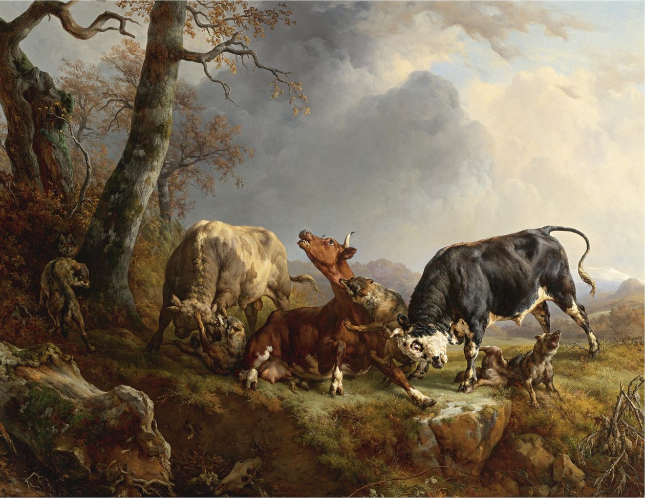 Two Bulls Defending a Cow Attacked by Wolves by Jacques Raymond Brascassat