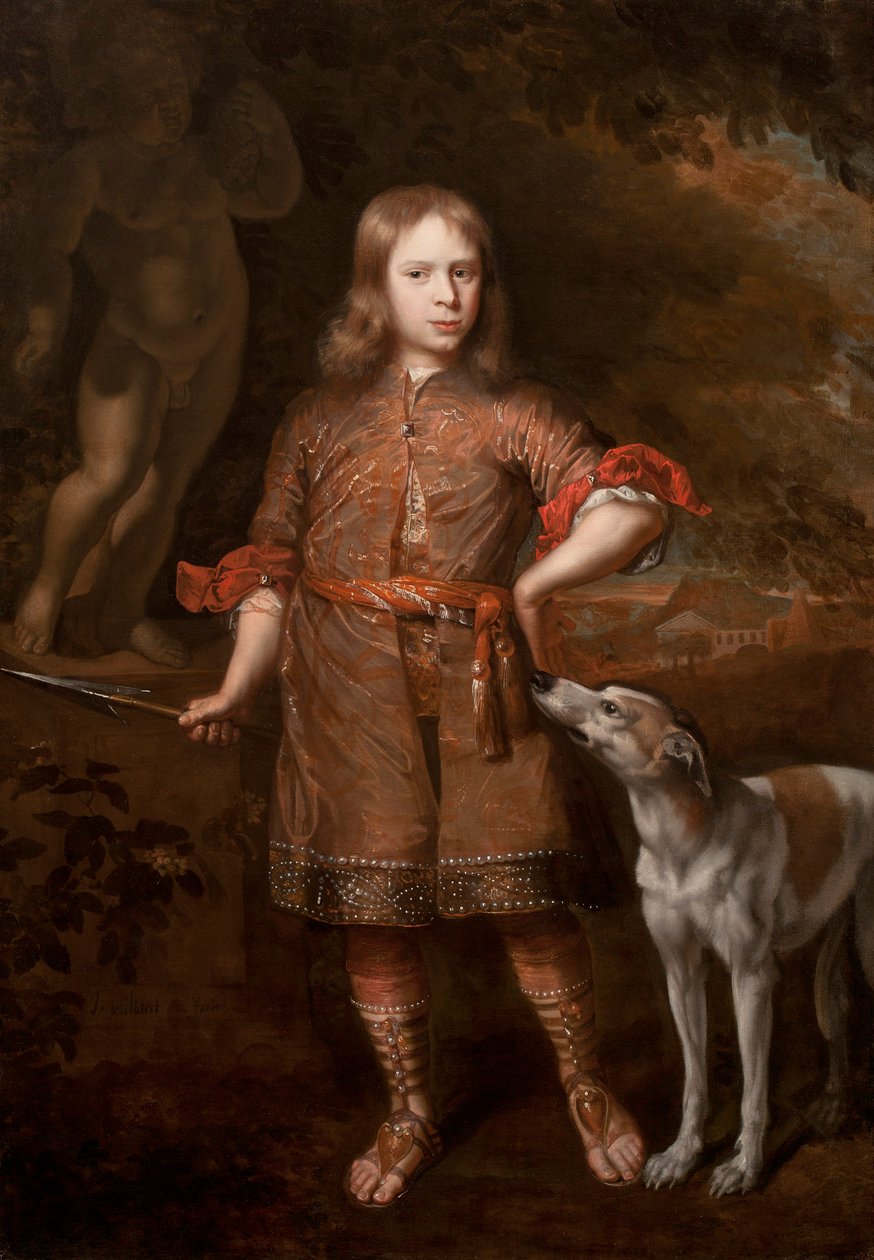 Portrait of a Boy as a Hunter Holding a Boar Spear with a Greyhound by Jacques Vaillant