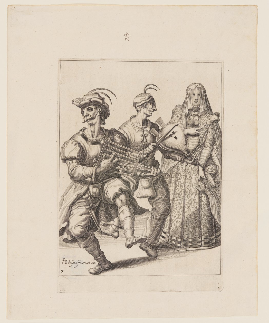 A Veiled Woman with Two Musicians Playing a Gridiron and a Bellows, from The Masquerades by Jacques de Gheyn II
