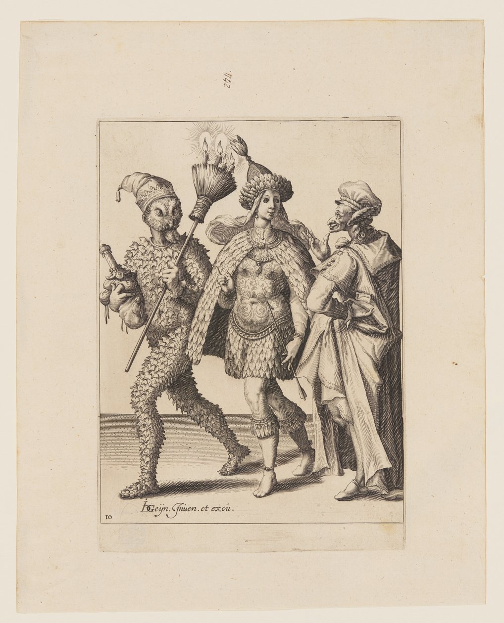 An Old Mummer Addressing a Couple Dressed in Leaves and Bird Feathers, from The Masquerades by Jacques de Gheyn II