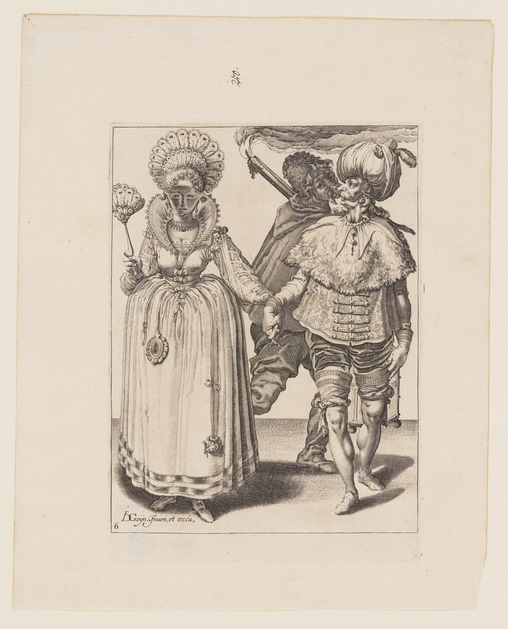 Man with a Turban Leading a Woman Wearing Peacock Feathers, with a Torchbearer, from The Masquerades by Jacques de Gheyn II