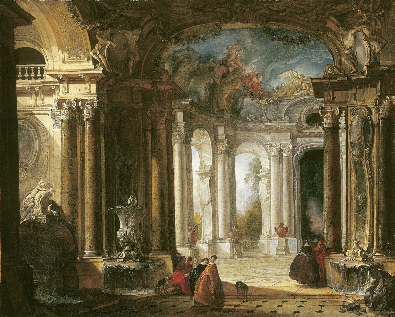 The interior of a Baroque palace with elegant company conversing by fountains by Jacques de Lajoüe