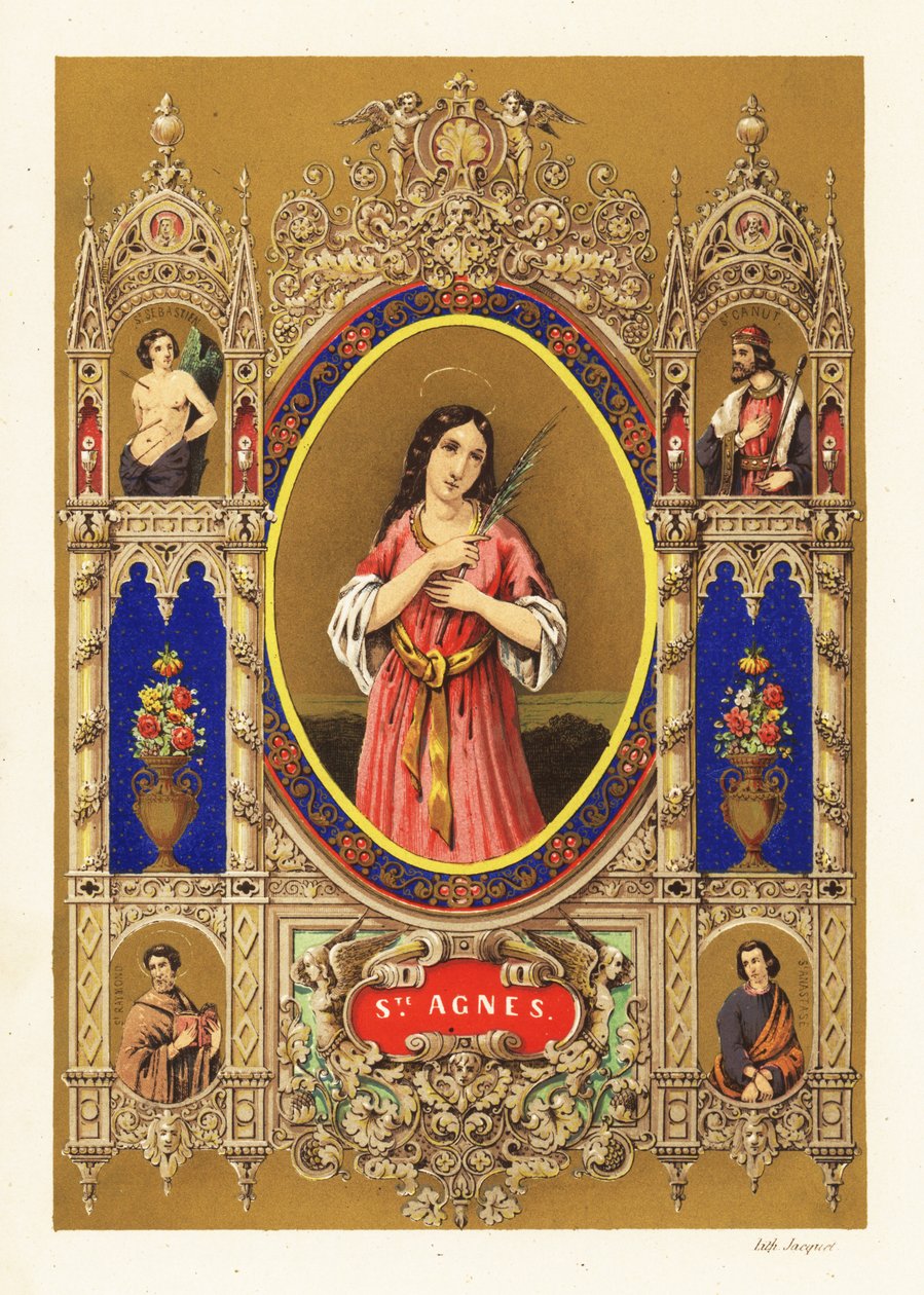 Portrait of Saint Agnes of Rome, Virgin Martyr, with Halo and Palm Frond within Decorative Border by Jacquet Jacquet