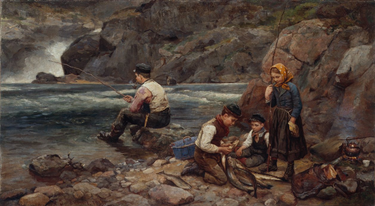 Fisherman and children by Jahn Ekenaes