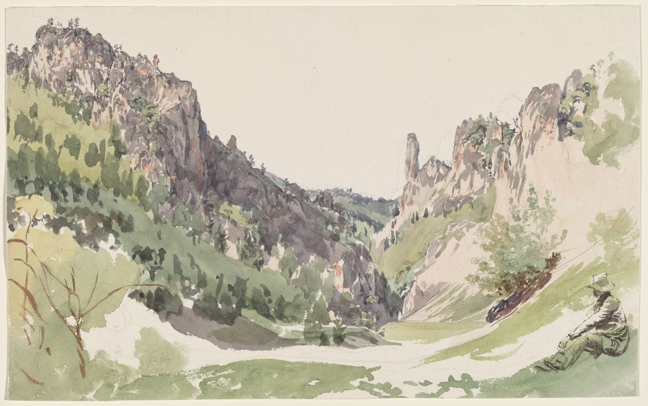 A Seated Man Contemplating a Sunlit Mountain Valley by Jakob Alt