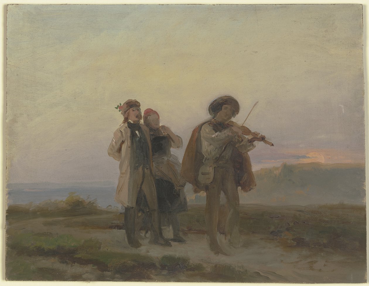 Evening Walk, Violinist and Peasant Couple in the Fields by Jakob Becker