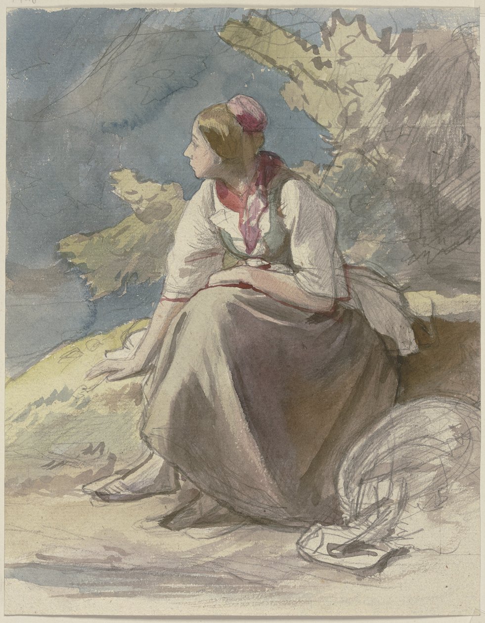 Peasant Girl Sitting to the Left on a Grass Bench by Jakob Becker