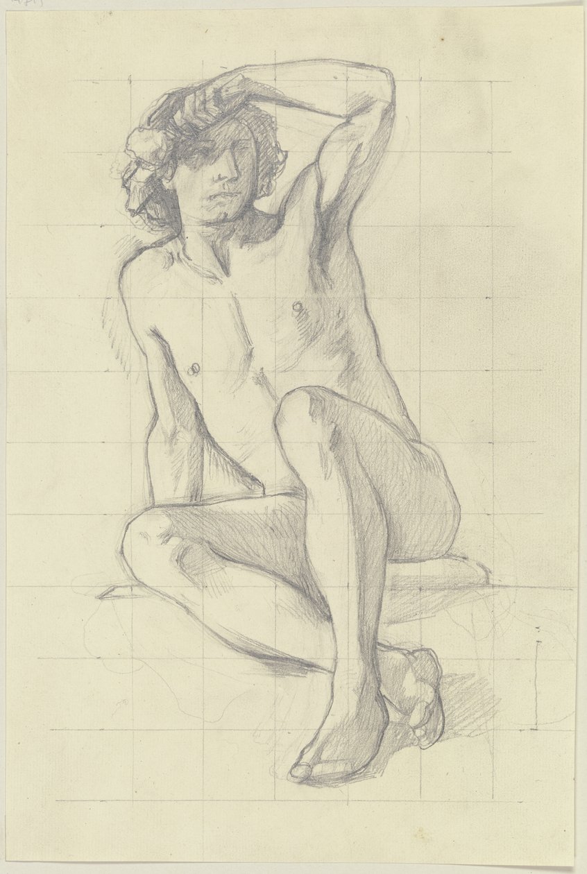Seated Male Nude, Shading Eyes with Left Hand by Jakob Becker