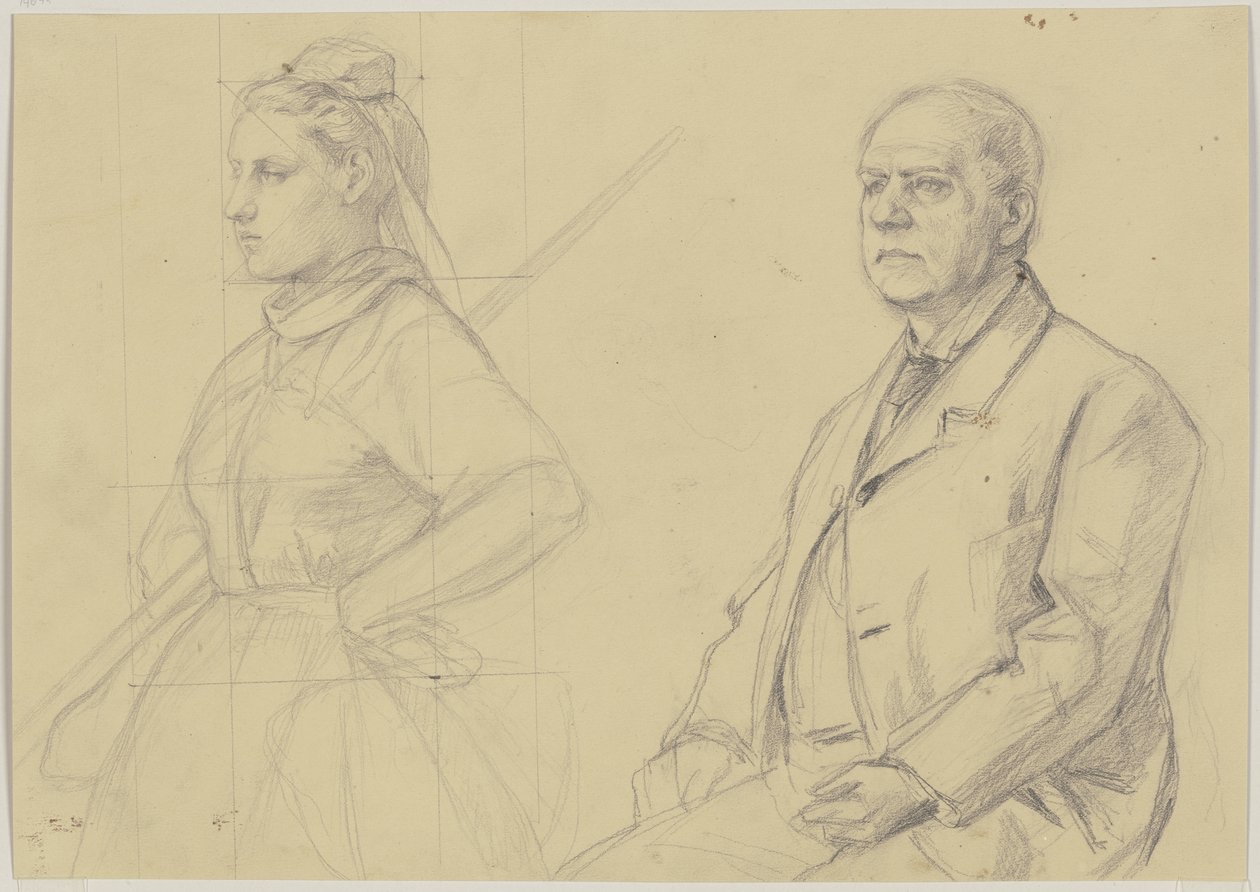 Study Sheet: Seated Gentleman and Peasant Girl in Half Figure by Jakob Becker