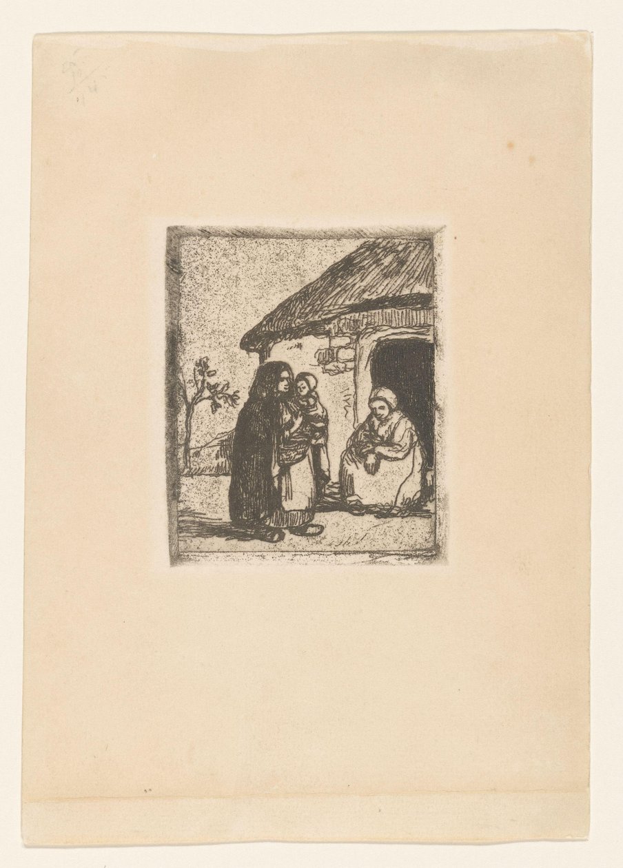 Two women and child in front of a house by Jakob Smits