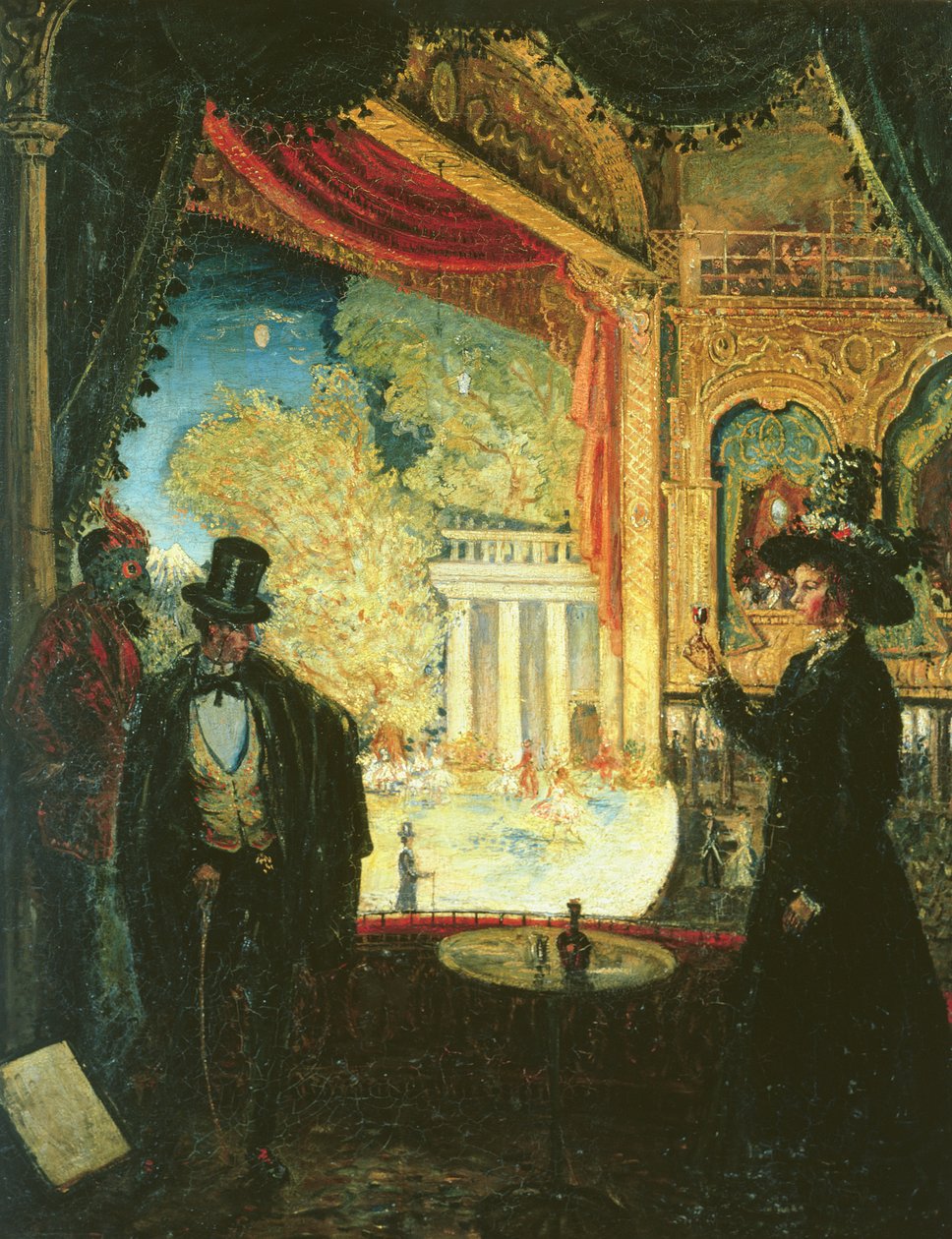 A Scene in a Theatre: A Performance Seen from a Box in which Three Figures are Standing, 1908 by James Dickson Innes