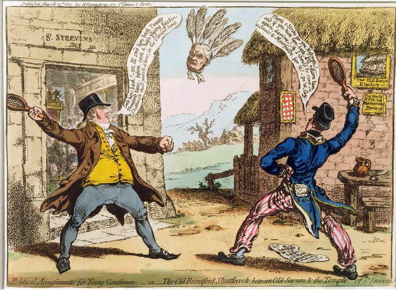 Political Amusements for Young Gentlemen, or The Old Brentford Shuttlecock, Between Old Sarum and the Temple of St. Steevens, Published by Hannah Humphrey in 1801 by James Gillray
