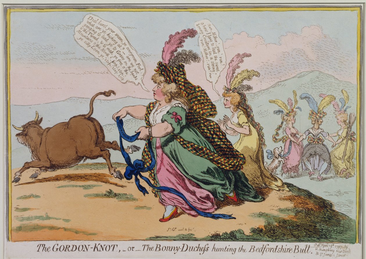 The Gordon-Knot, or The Bonny Duchess Hunting the Bedford Bull, Published by Hannah Humphrey in 1797 by James Gillray
