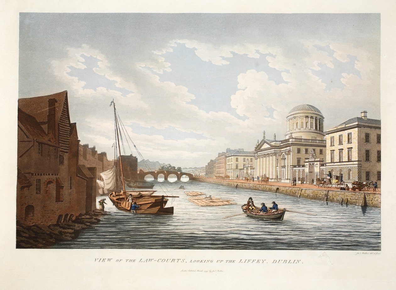 View of the Law Courts, looking up the Liffey, Dublin, 1799 (hand-coloured engraving) by James Malton