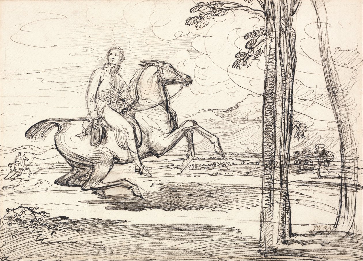A Horseman in a Landscape: Probably a Study for Theophilus Levett Fox-hunting in Wychnor Park by James Ward