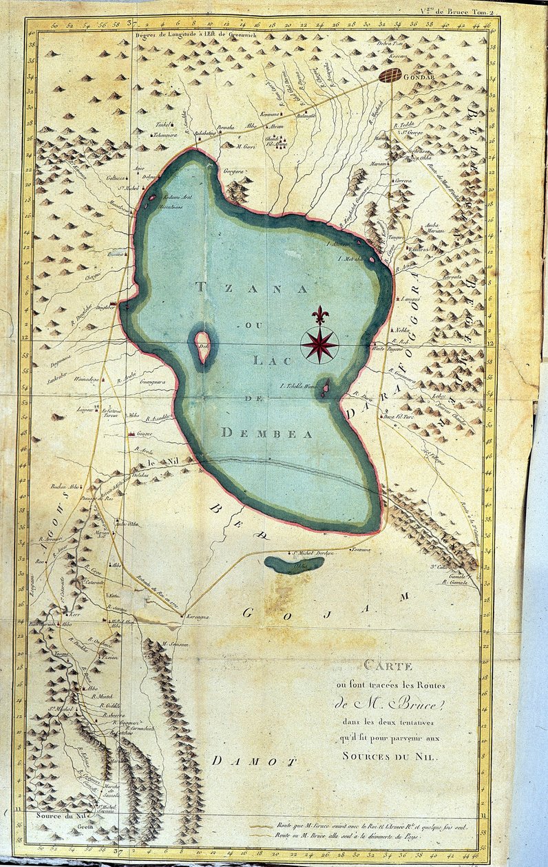 Map of the Region of Lake Tzana or Lake Dembea (Routes of M. Bruce in His Two Attempts to Reach the Sources of the Nile) (in 