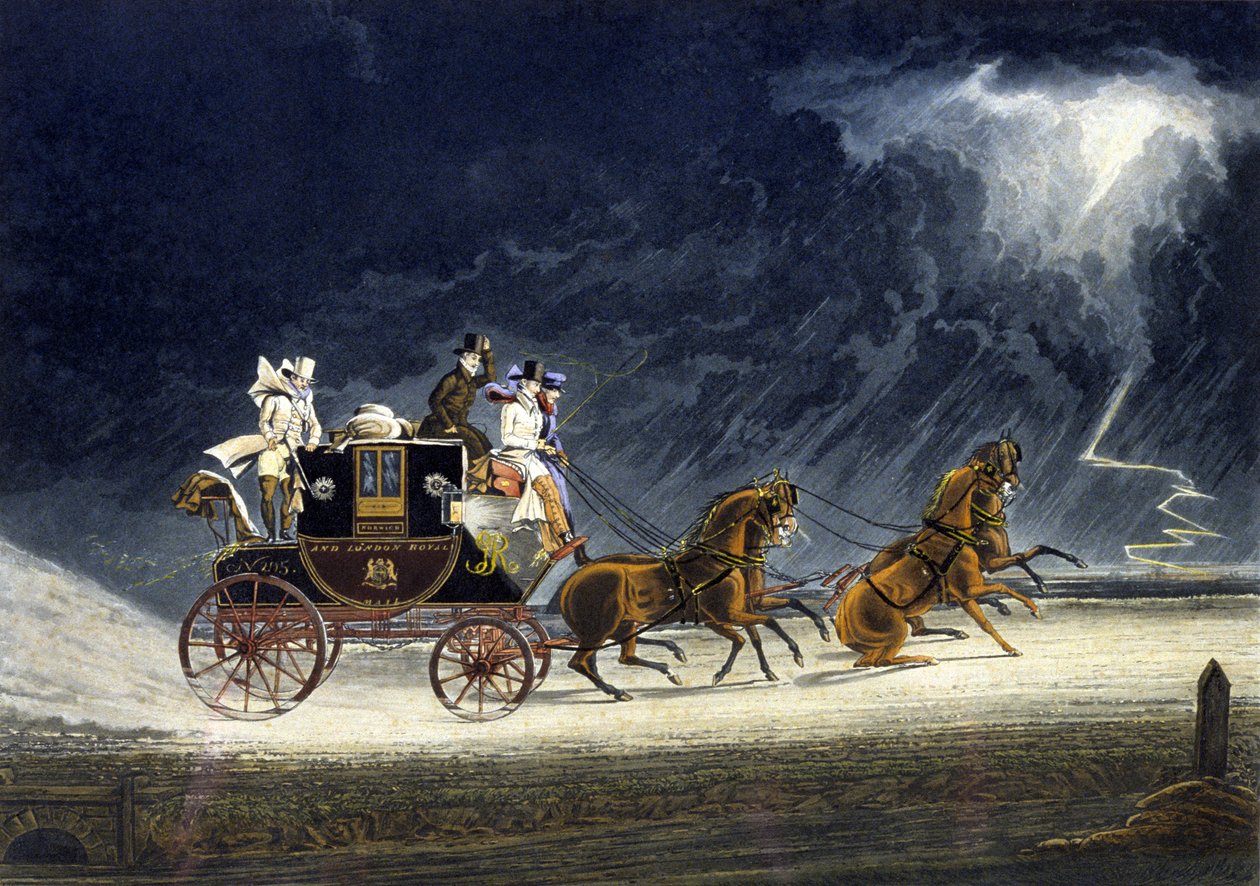 The Mail Coach in a Thunderstorm (engraved by R.G. Reeve) by James (after) Pollard