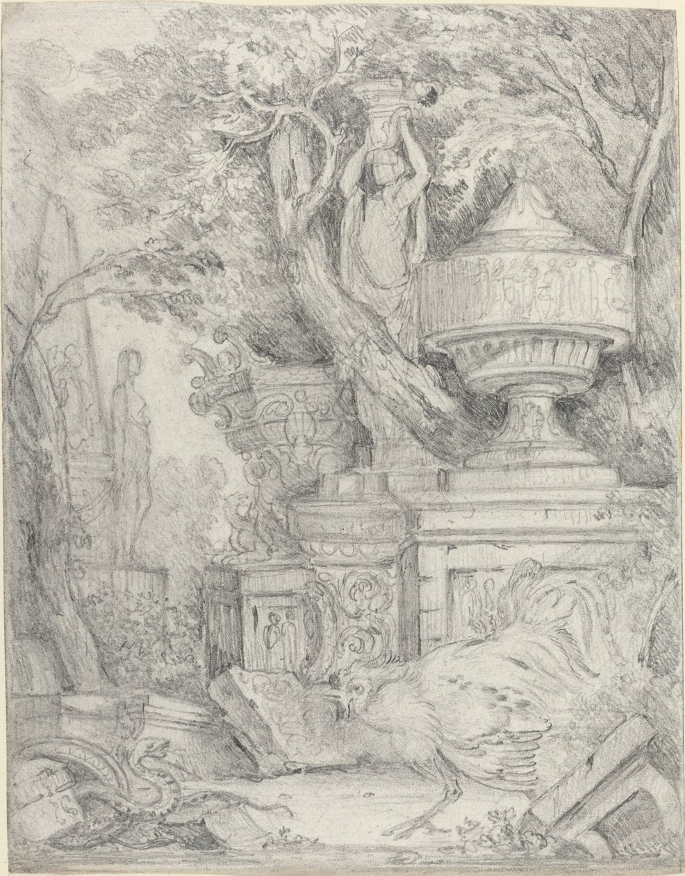 Ancient Sculptures with a Cock Fighting a Snake by James 