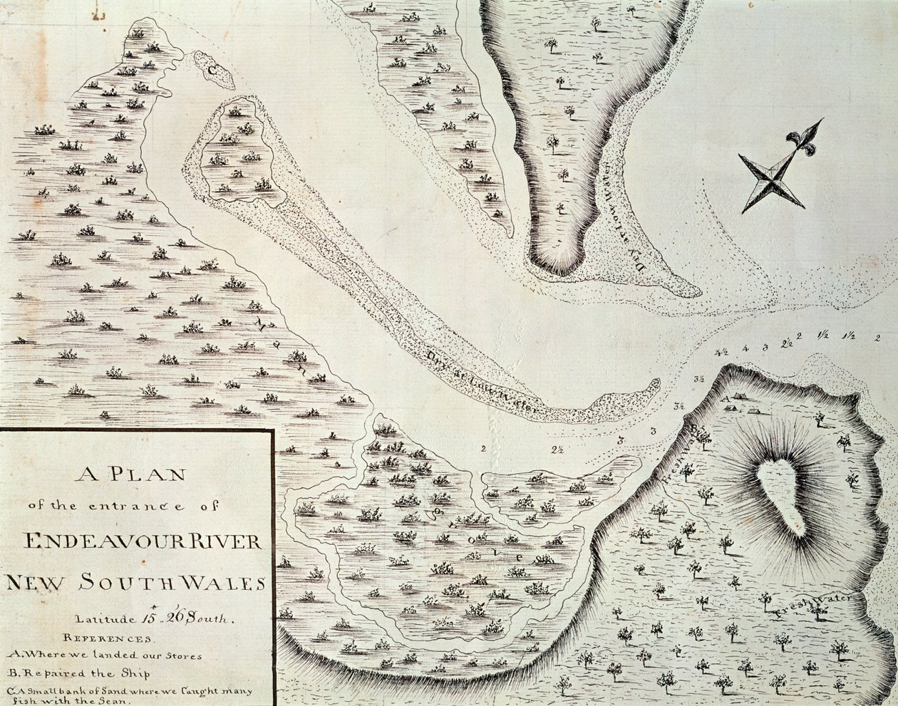 Map of entrance of Endeavour River, map from account of first trip led by James Cook between 1768 and 1771, Australia by James Cook