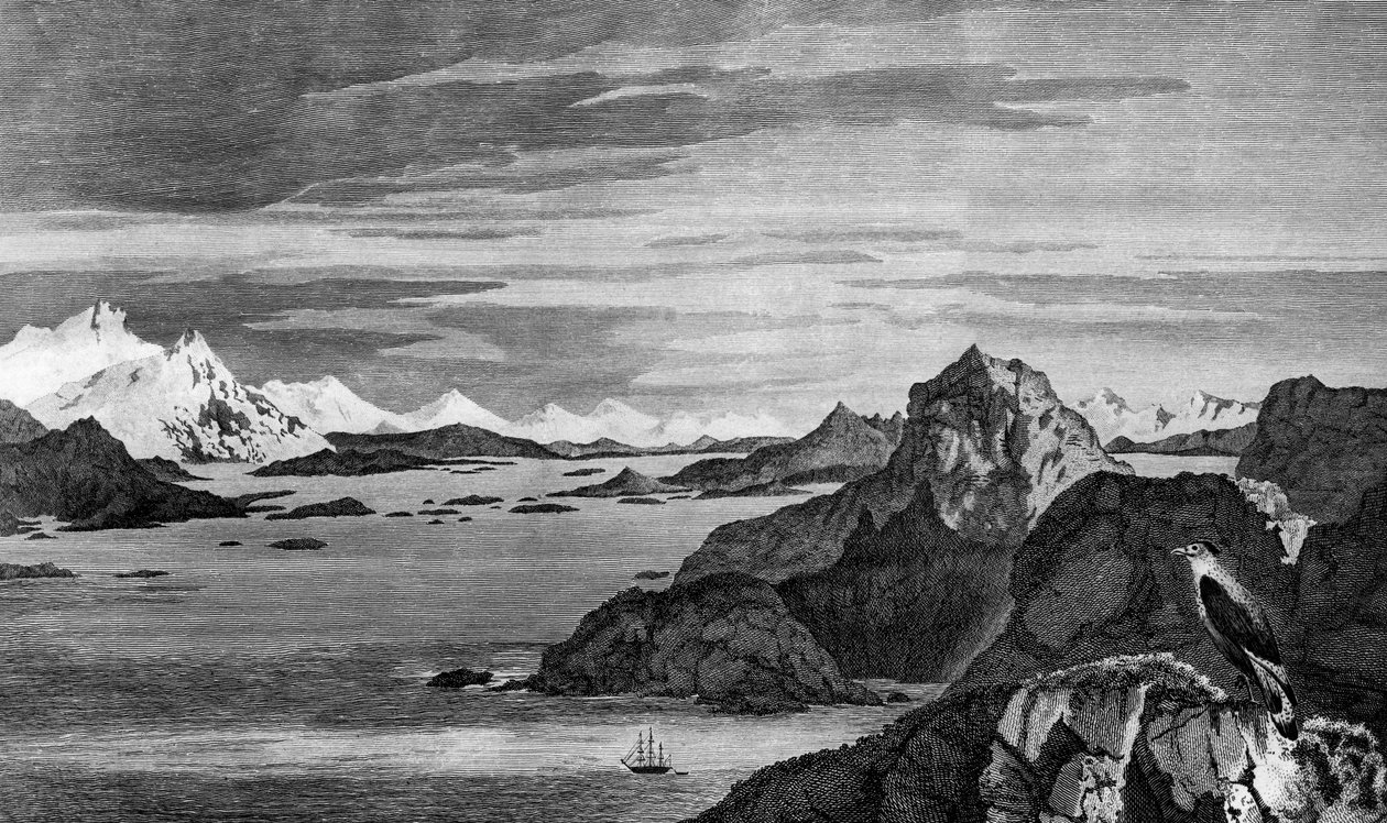 View of Christmas Sound, Tierra del Fuego, drawing by William Hodges, engraving by William Watts, illustration from Voyage towards South Pole, and Round World, by James Cook by James Cook