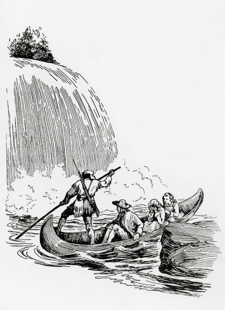 The main characters in a canoe by a waterfall, illustration for The Last of the Mohicans by James Fenimore Cooper by James Fenimore Cooper