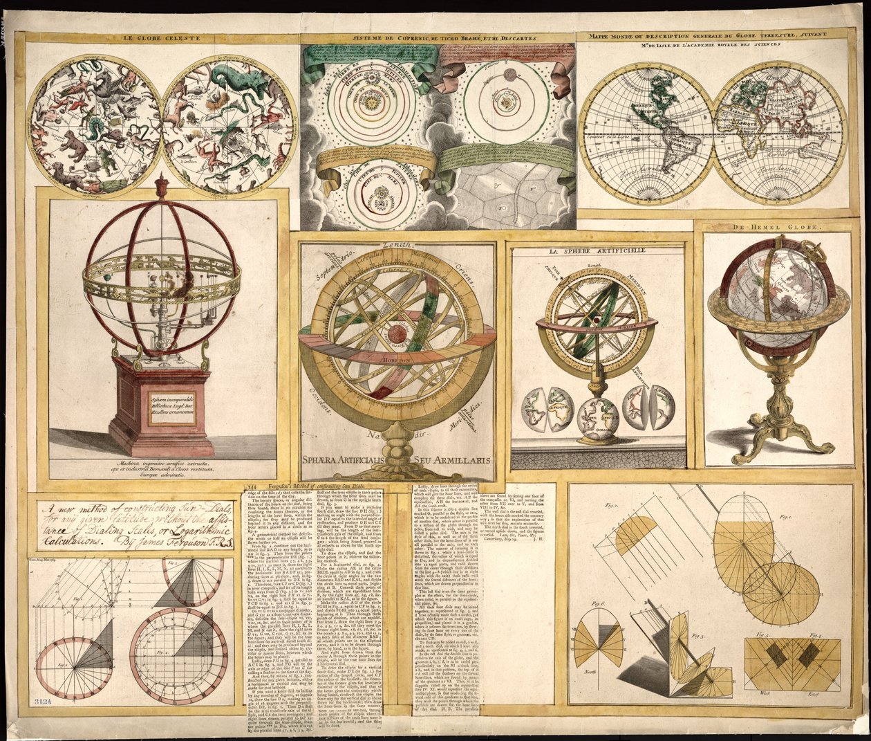 Collection of Nine Images Including Astronomical Instruments, Celestial Charts, and a World Map by James Ferguson