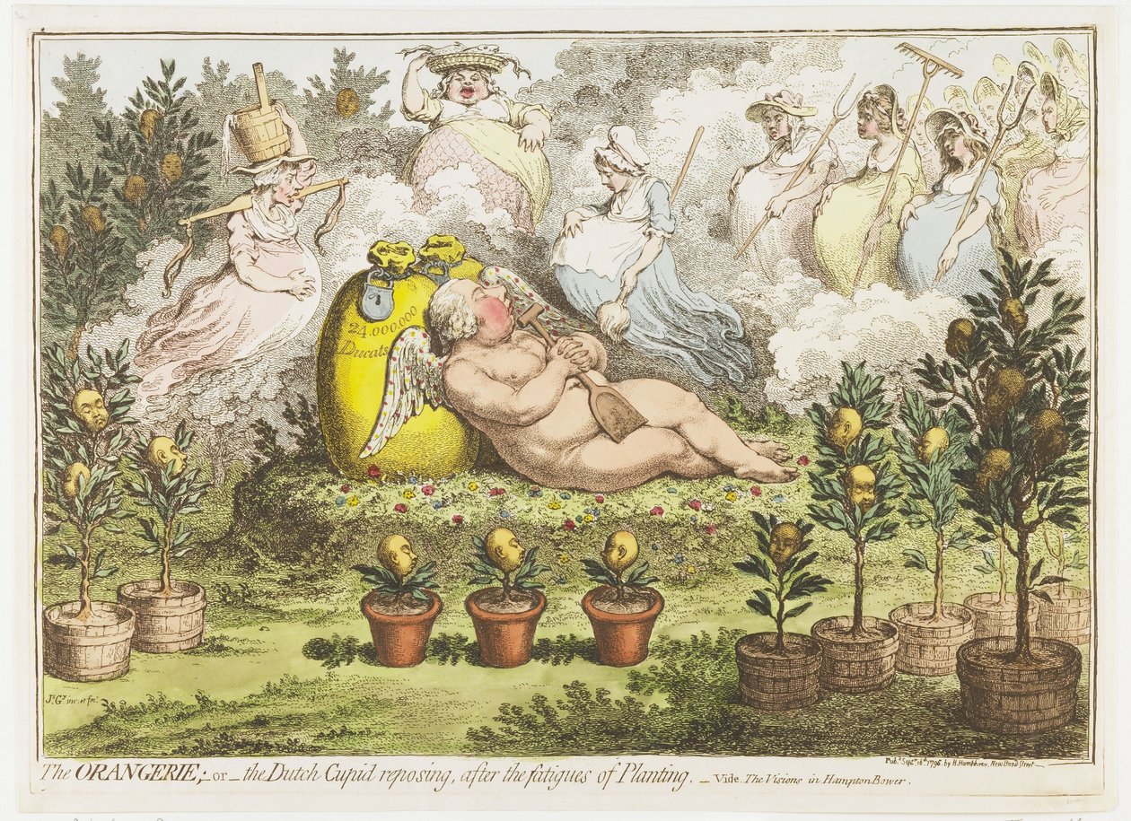 The Orangerie: The Dutch Cupid Resting After the Fatigues of Planting, 1796 by James Gillray (signed by artist)