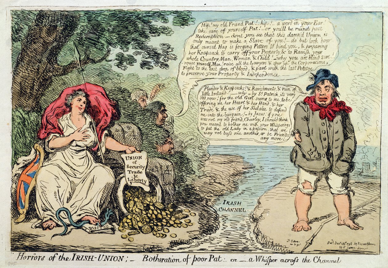 Horrors of the Irish Union: Botheration of Poor Pat, or A Whisper across the Channel, published by Hannah Humphrey by James Gillray