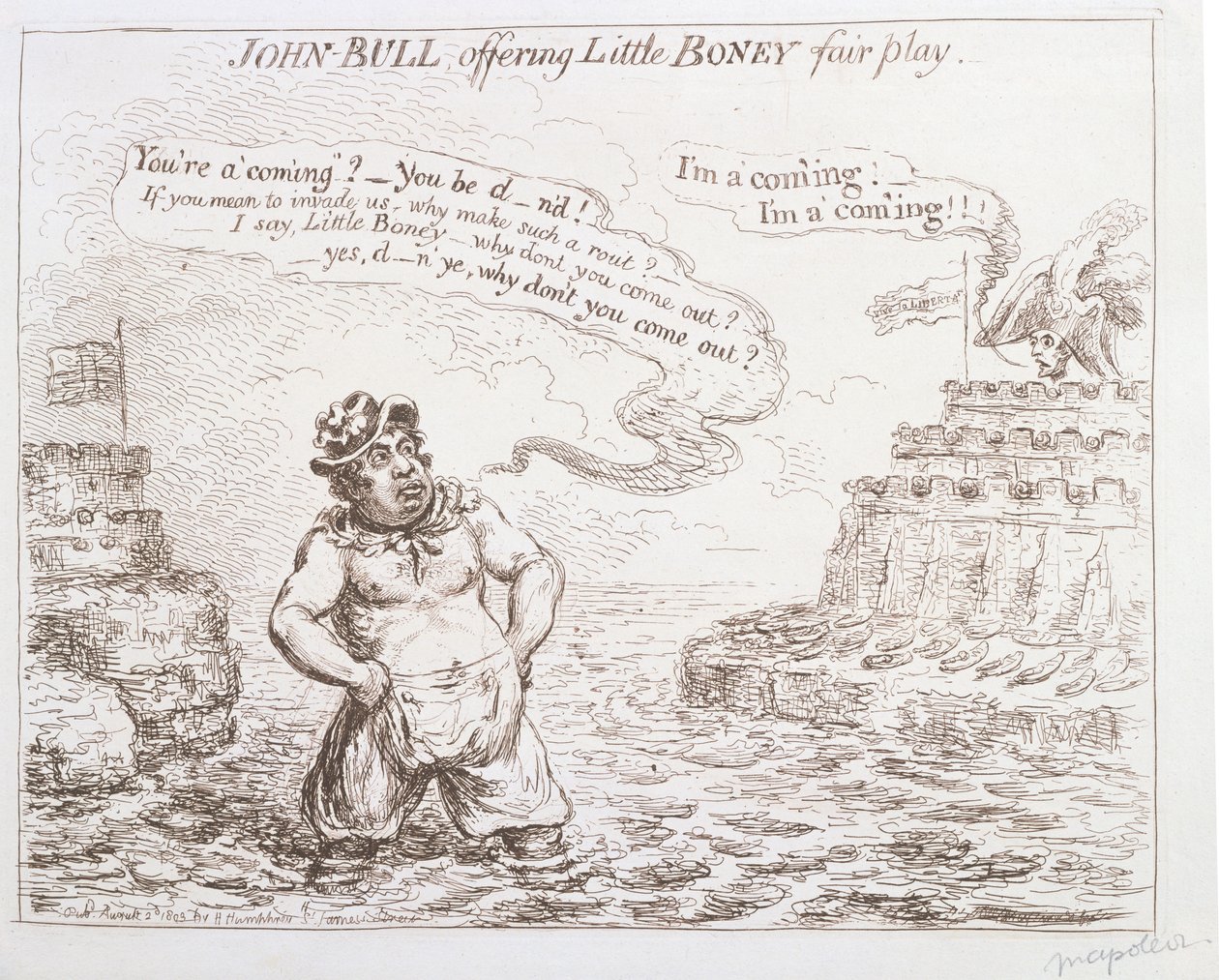 John Bull offering Little Boney fair play, published by Hannah Humphrey in 1803 by James Gillray