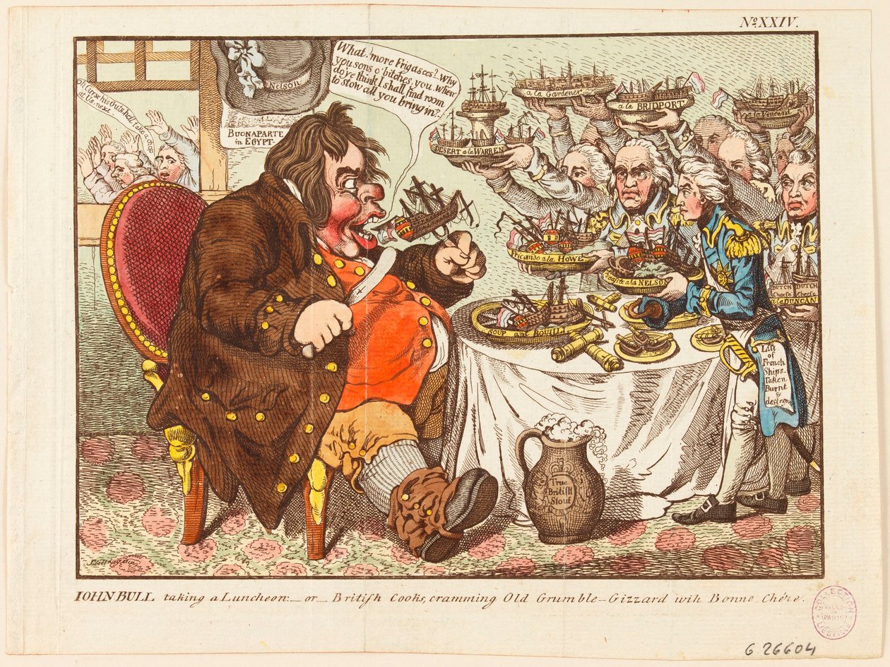 John Bull Taking a Luncheon: or British Cooks, Cramming Old Grumble-Gizzard with Good Cheer by James Gillray