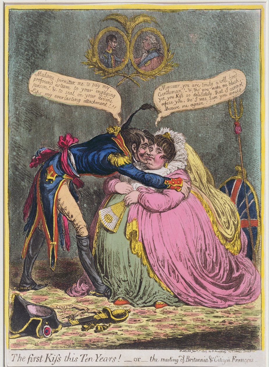 The First Kiss in Ten Years! or The Meeting of Britannia and Citizen Francois, published by Hannah Humphrey in 1803 by James Gillray