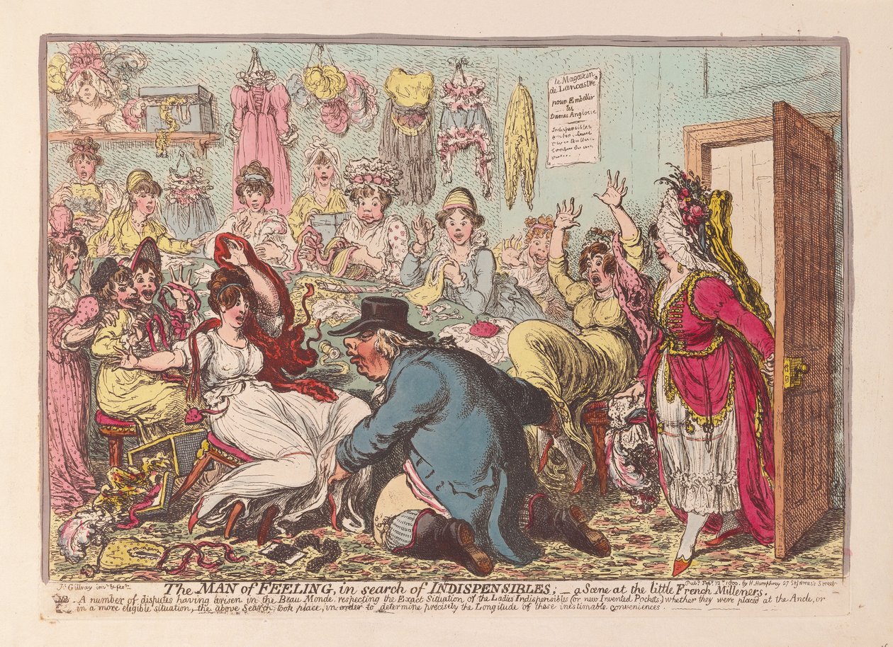 The Man of Feeling in Search of Indispensibles; a Scene at the Little French Milliners by James Gillray