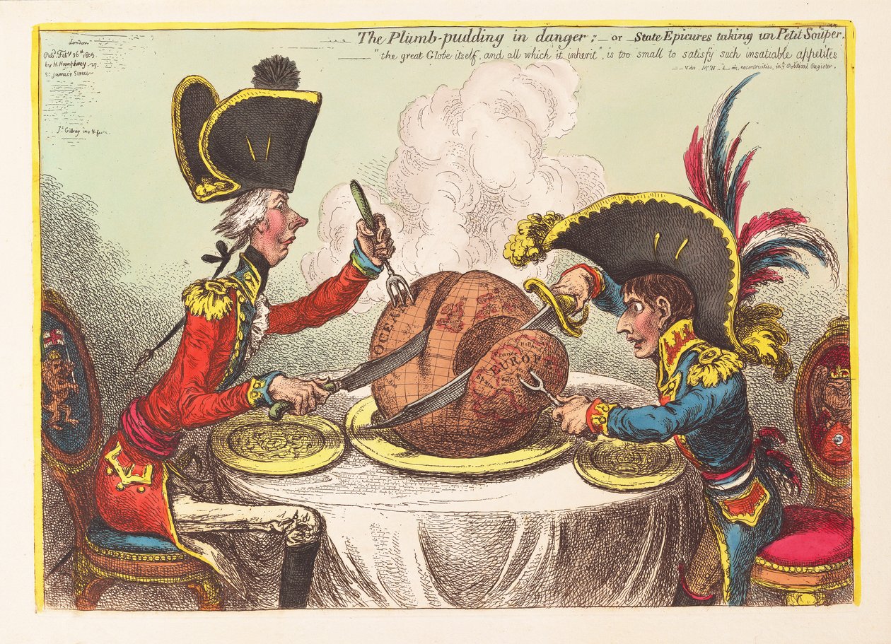 The Plum Pudding in danger or State Epicures taking un Petit Souper, pub. 1805 by James Gillray