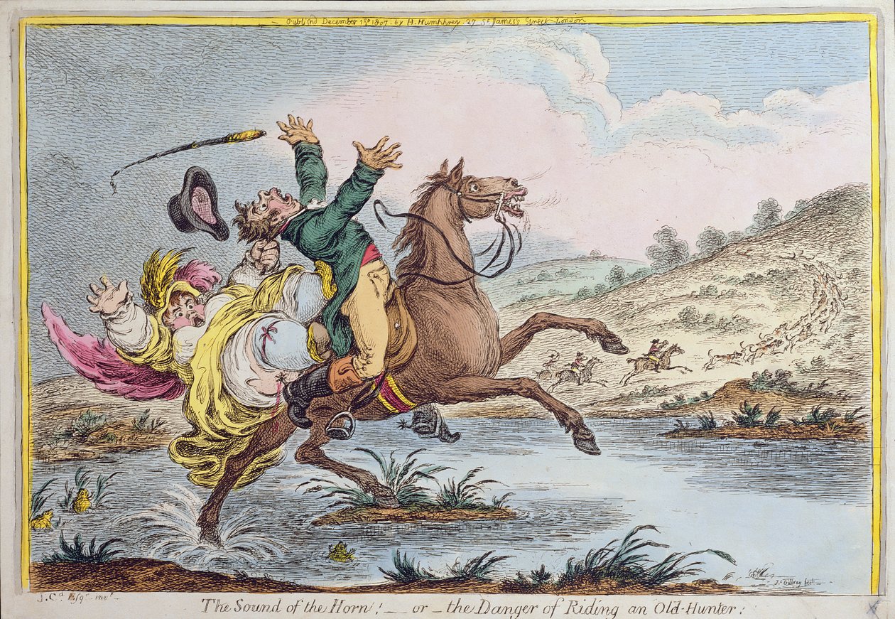 The Sound of the Horn, or The Danger of Riding an Old Hunter, published by Hannah Humphrey in 1807 by James Gillray