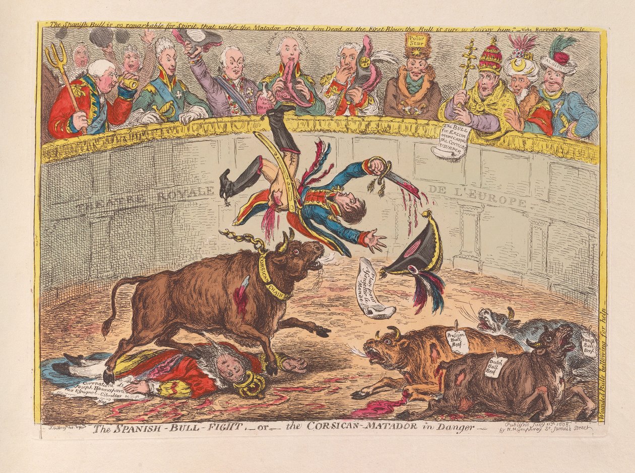 The Spanish Bull Fight or the Corsican Matador in Danger, pub. 1805 by James Gillray